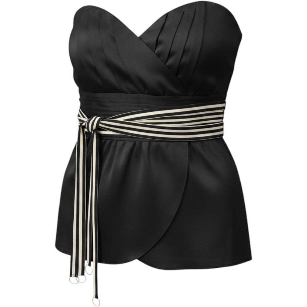 White‎ House Black Market Silk Strapless Pleated Coquette Top Black Striped Belt
